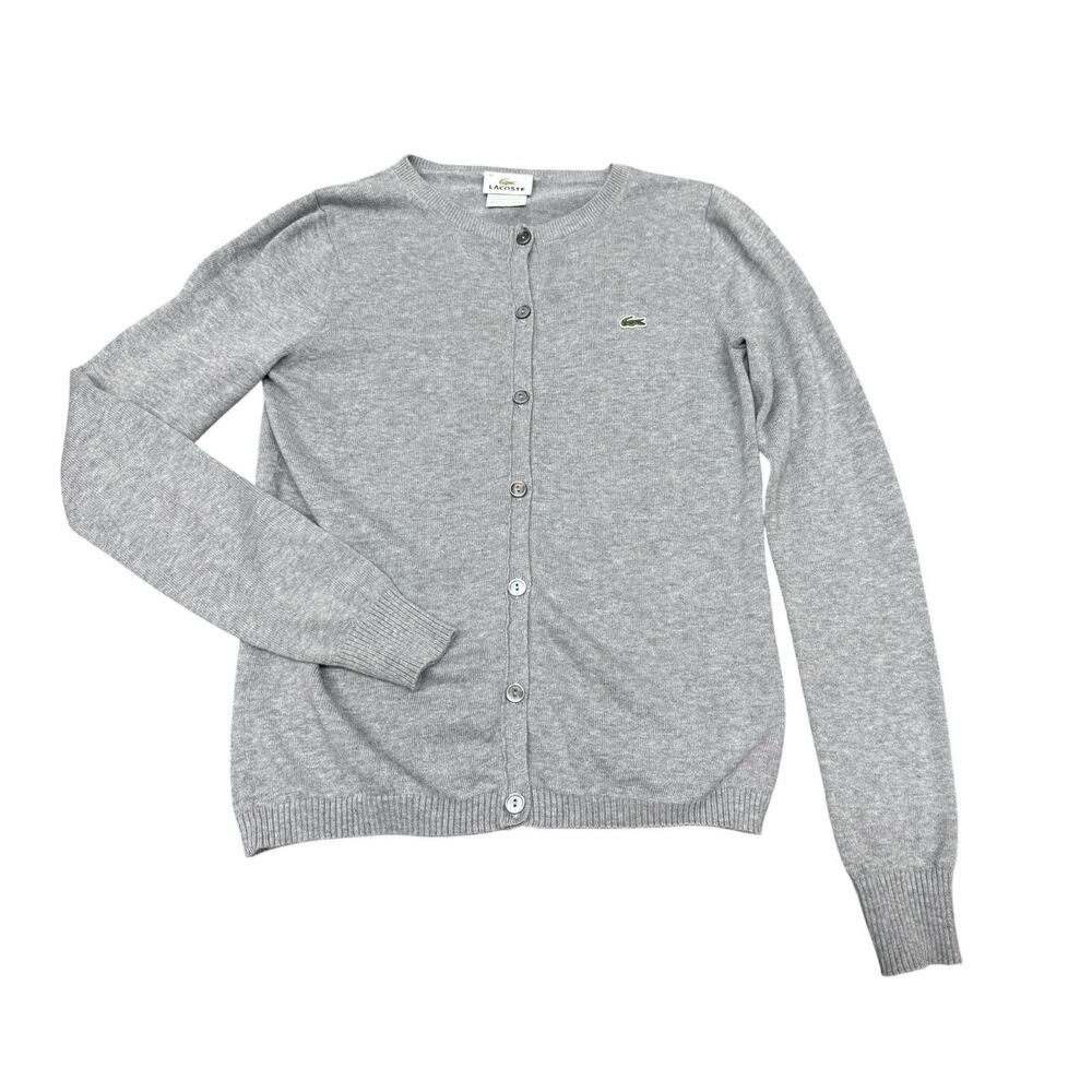Lacoste Gray Cotton Cardigan Sweater Womens Size 36 Button Front Logo